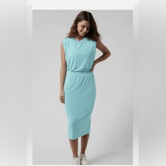Athleta Santorini Cinch Dress Gulf Green/Blue Size Medium Midi Stretch - Picture 1 of 16